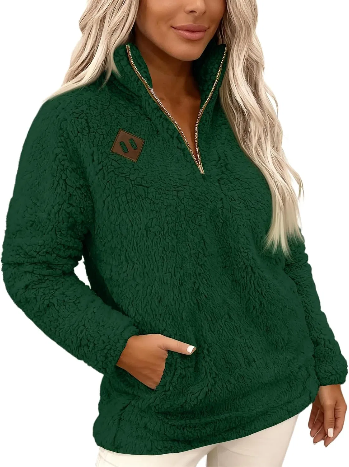 Женский свитшот с длинным рукавом из флиса, Quarter Zip, зелёный — фото 2
