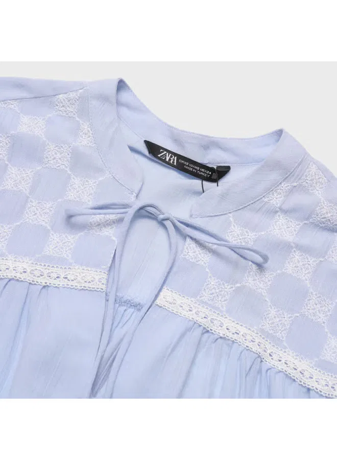 Блузка с завязкой на шее и длинным рукавом Zara, синяя — фото 4