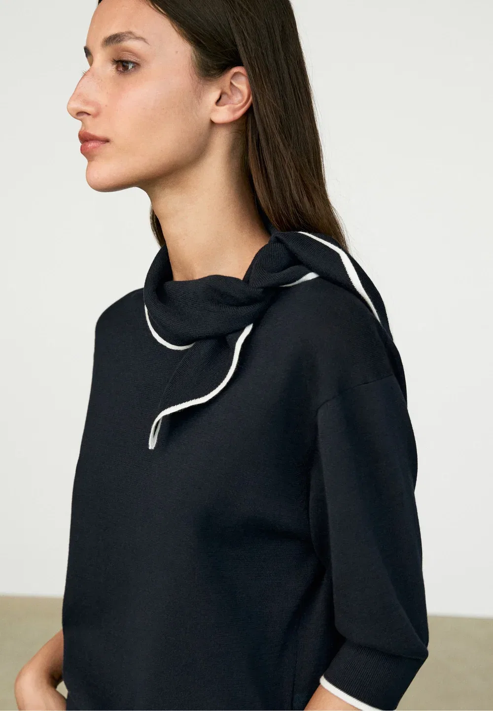 Вязаный свитер из 100% хлопка с отделкой в виде шарфа Massimo Dutti, Dark Blue — фото 3