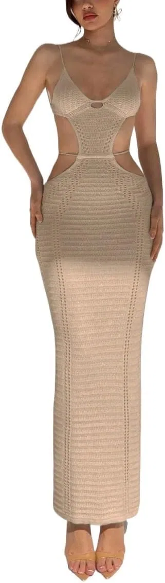 Женское длинное платье с U-образным вырезом и вырезами Knitted, Apricot