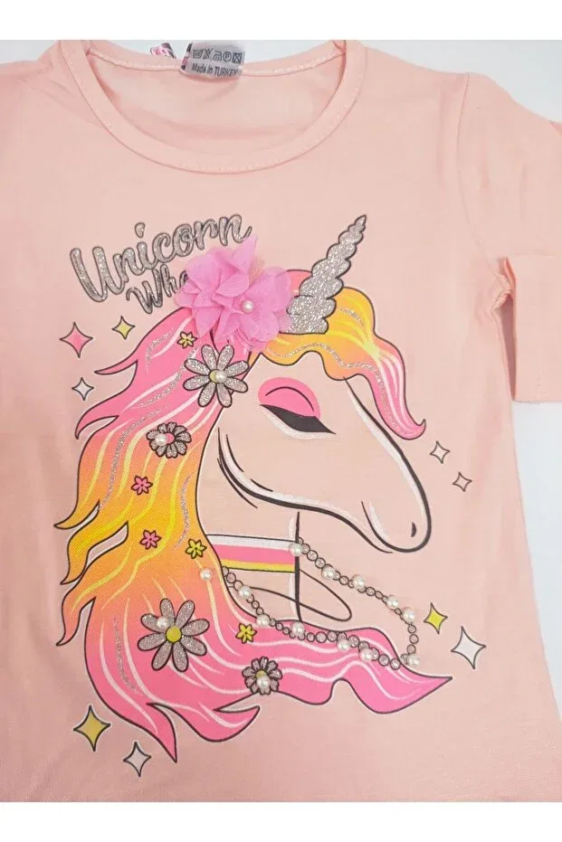 Детская футболка для девочек с принтом Girl'S Unicorn Printed Pearled T-Shirt Lully Kids, Salmon — фото 3