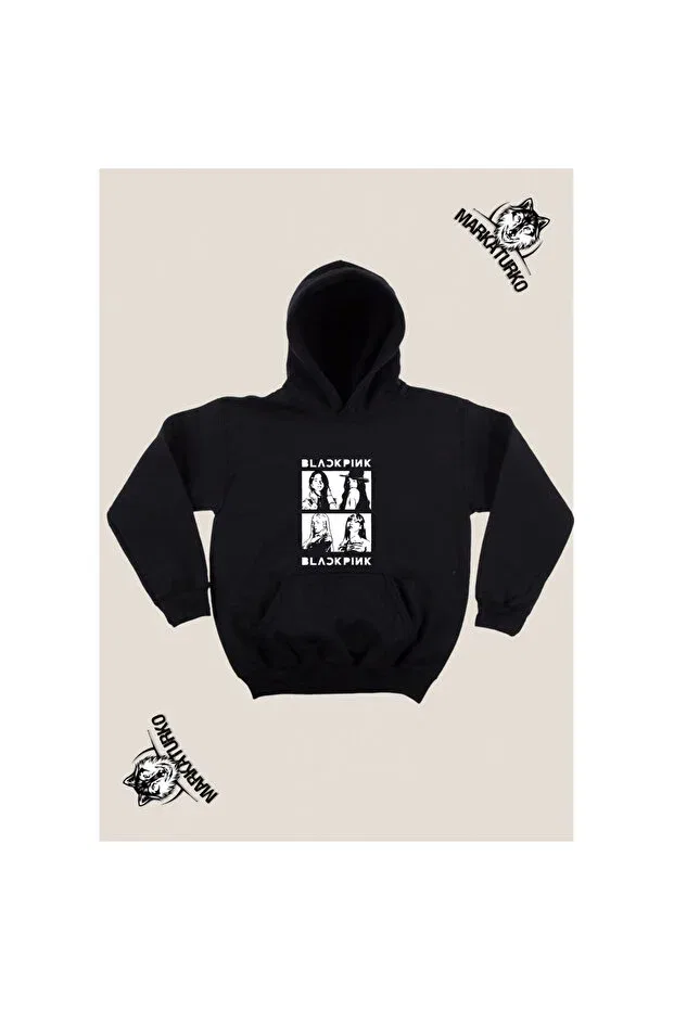 Детское худи для девочек с принтом Black Pink Design Front Printed Markaturko, Black