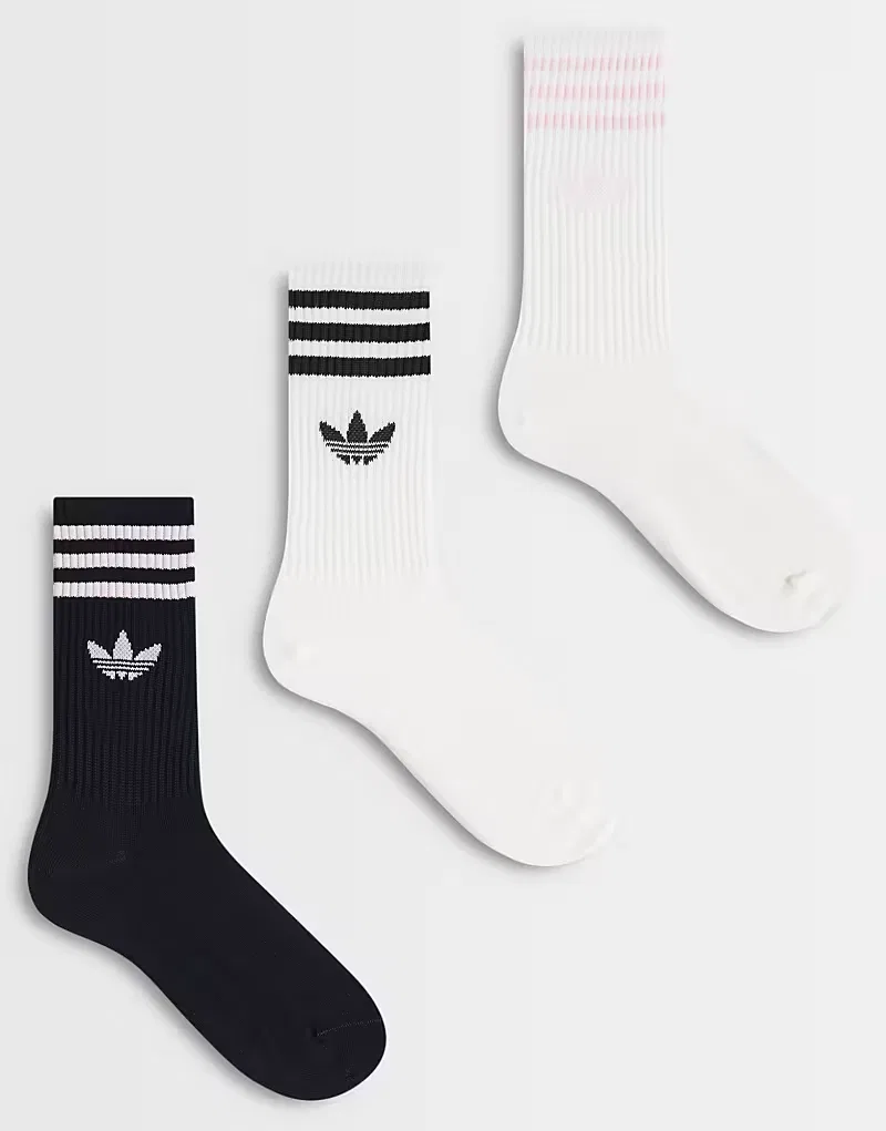 Набор из трех пар носков Adidas Originals с тремя полосками: черные, белые и розовые