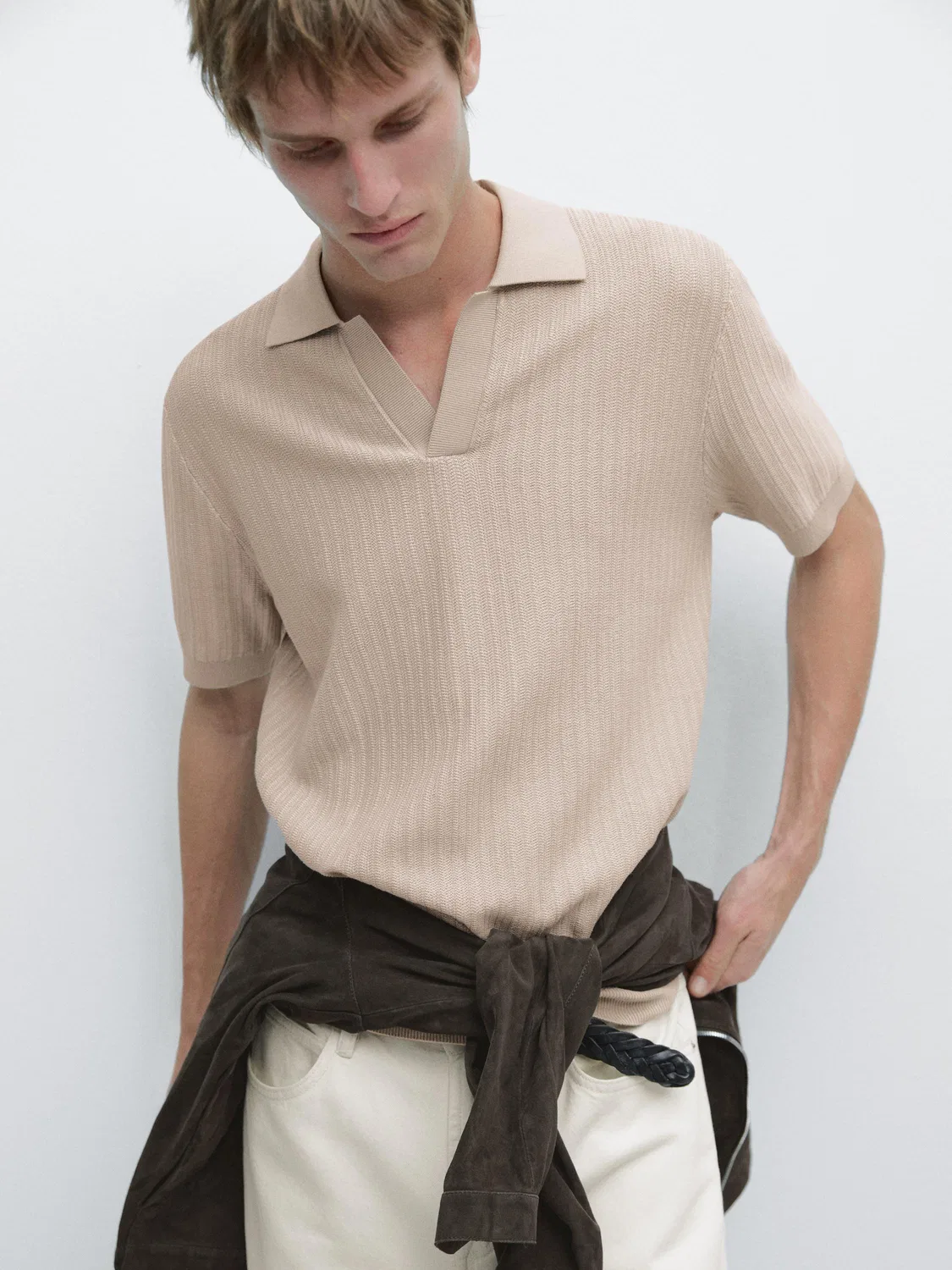 Жаккардовый вязаный свитер-поло Massimo Dutti, бежевый — фото 4
