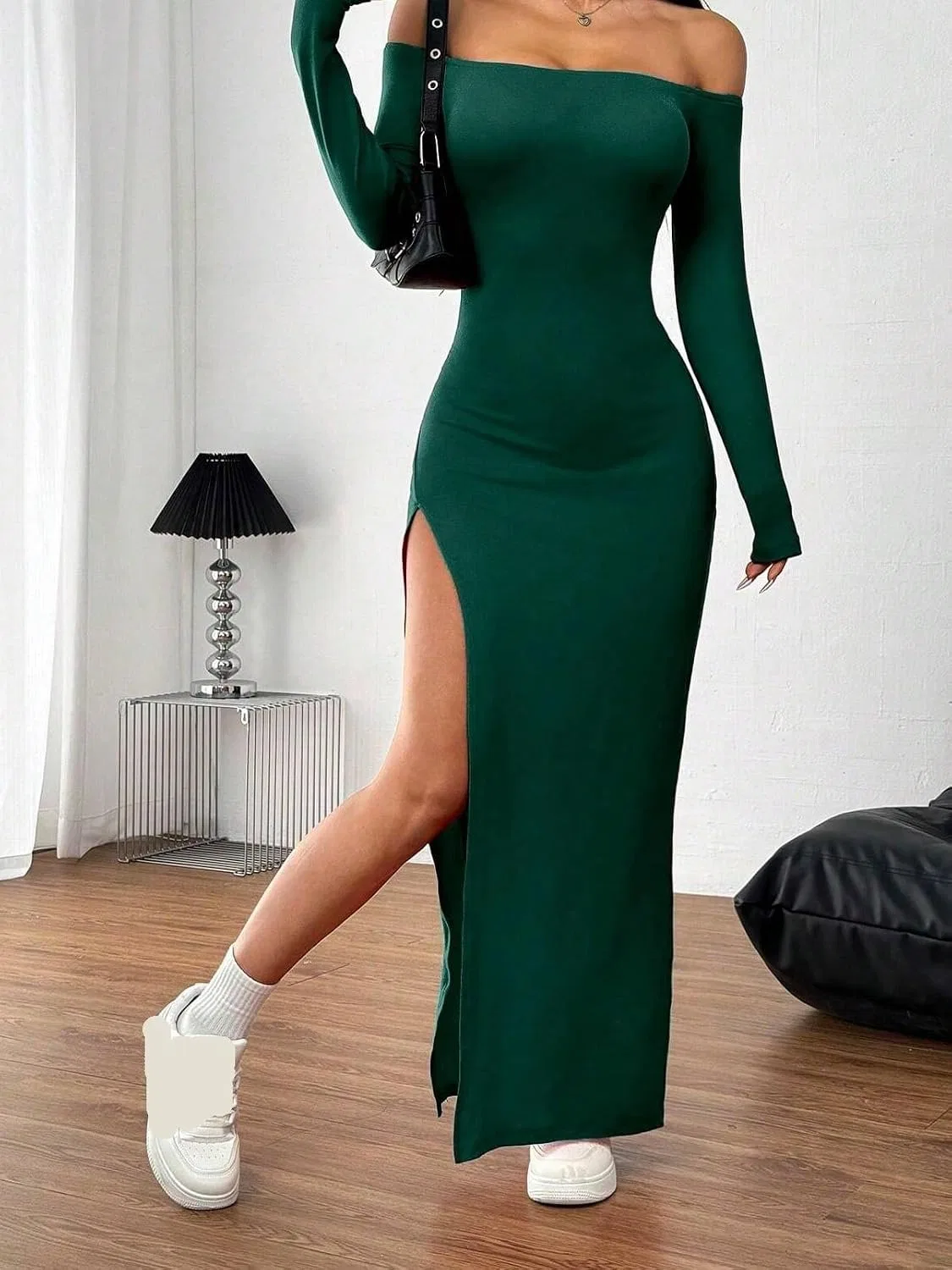 Женское облегающее макси-платье с разрезом Off Shoulder, Dark Green — фото 3