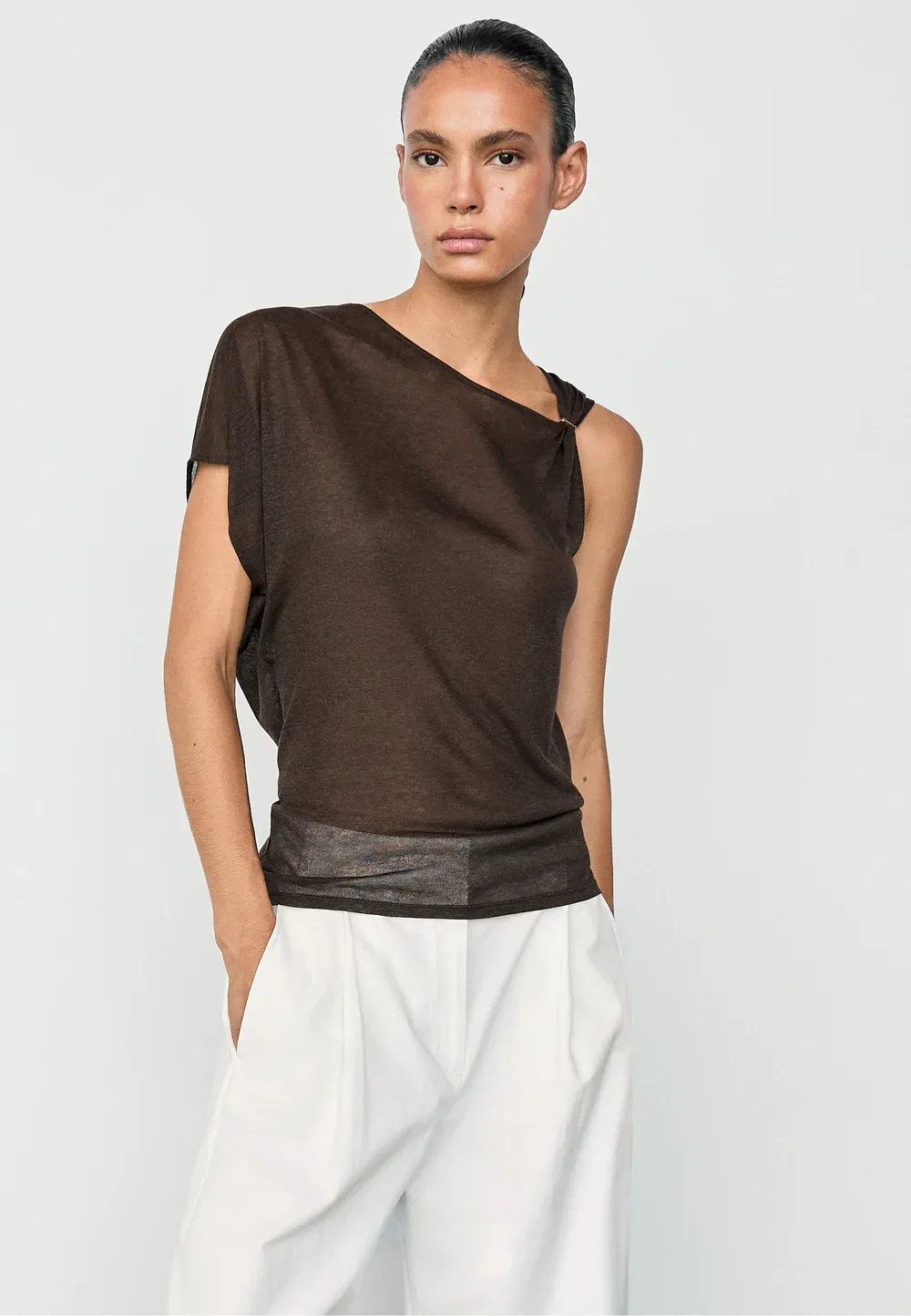 Асимметричный топ со спущенными рукавами, свободного кроя, с принтом Massimo Dutti, Dark Brown