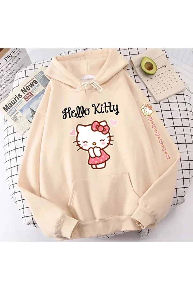 Детские свитшот для девочек с принтом Hello Kitty Printed 3 Thread Oversize Beige Color Hooded Children's Sweatshirt Keywest, Beige