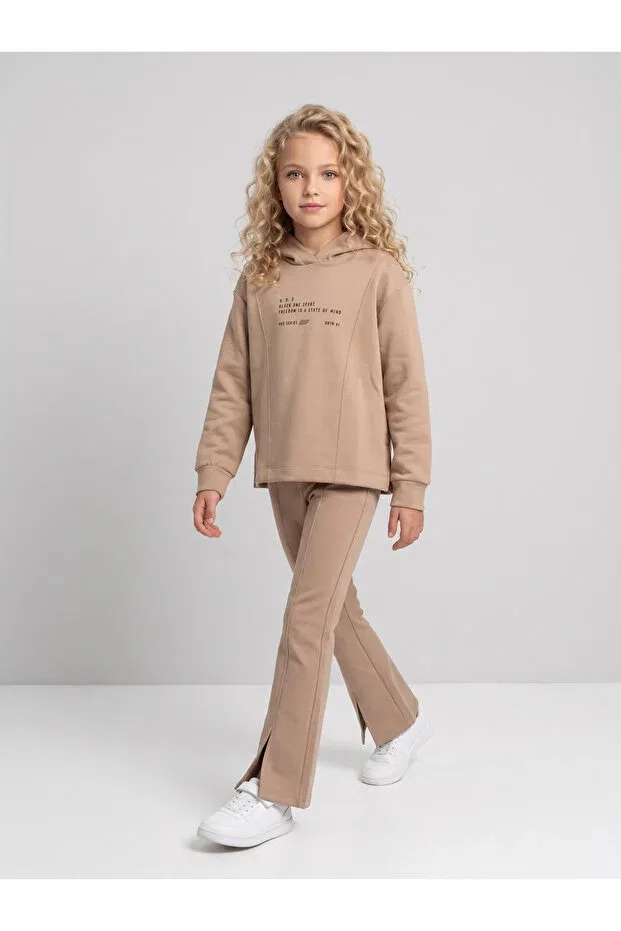 Детский комплект свитшота и брюк для девочек с принтом Basics Black One, Beige