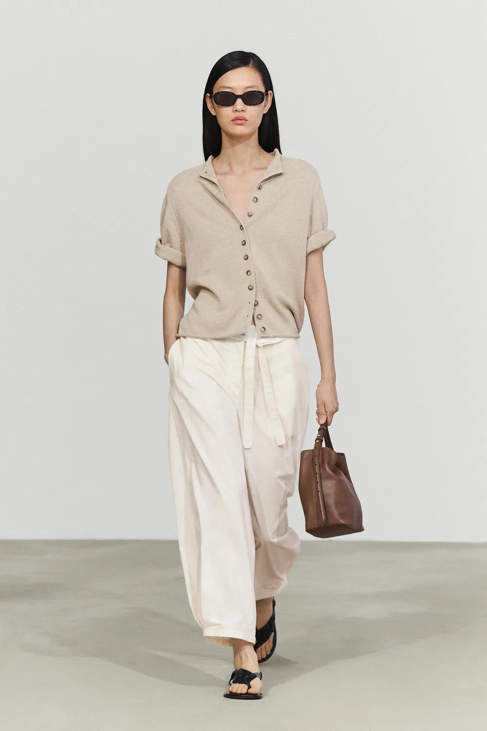 Кардиган Massimo Dutti Cotton Funnel Neck Knit, серо-бежевый — фото 3