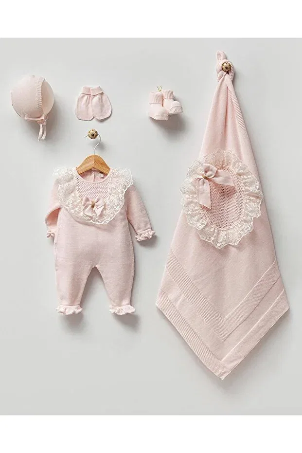 Детский комплект одежды для новорожденных хлопковый Lace pcs bow detail baby girl knitwear hospital release set of five Momercy, Pink