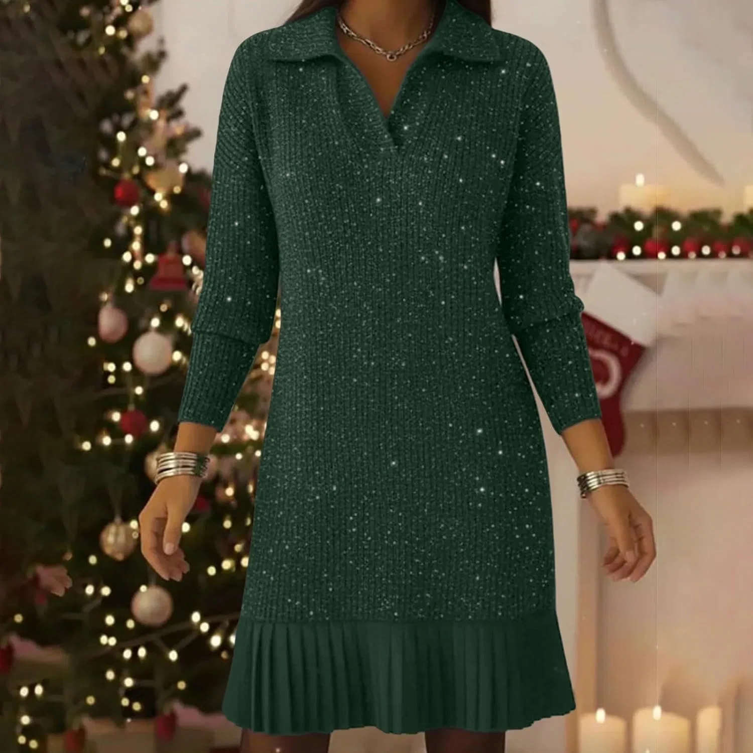 Женское платье с блестками и поло воротником Elegant Polo Neck Shimmering Knit Dress, Green — фото 3