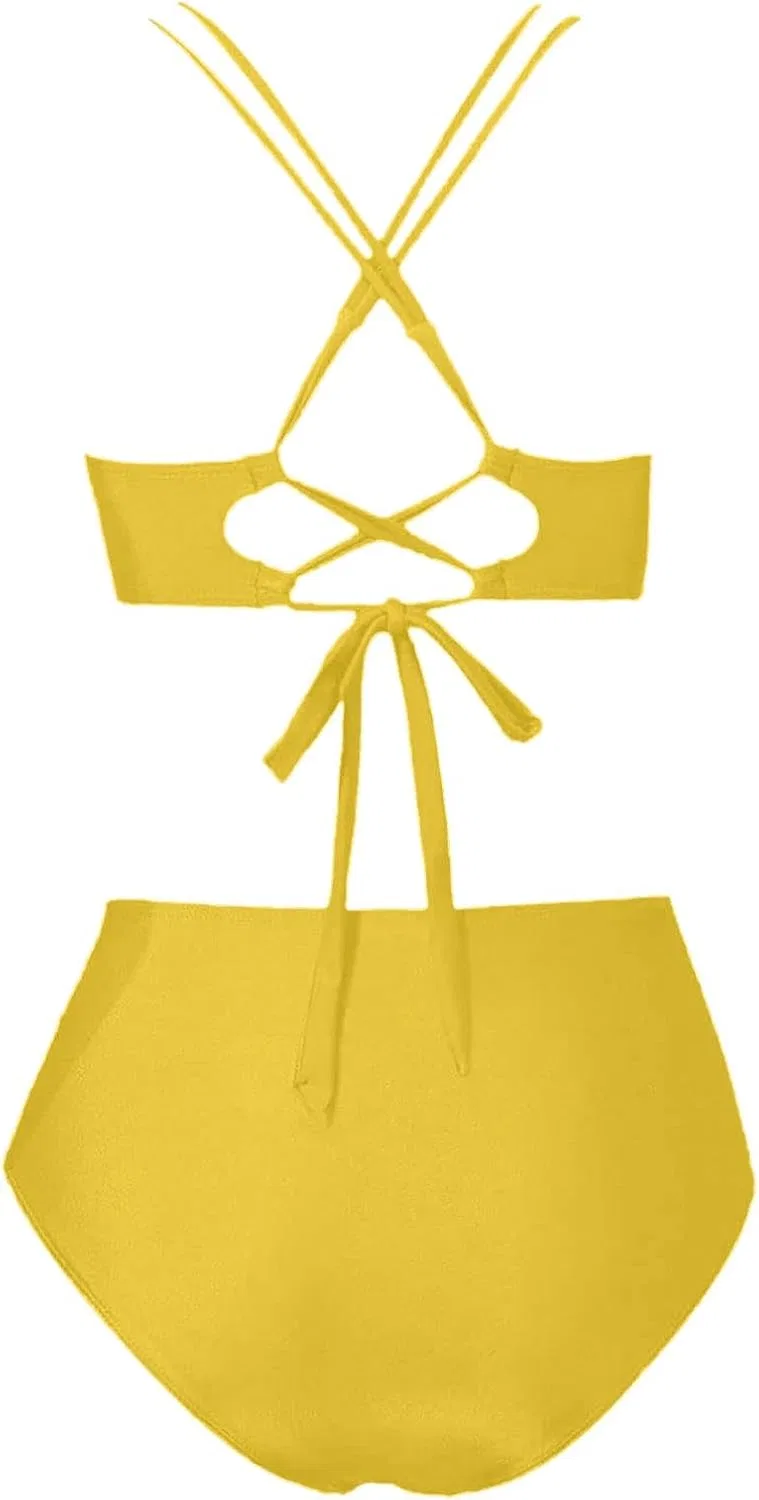 Женский купальный костюм с высокой талией, Solid Color, Yellow — фото 4