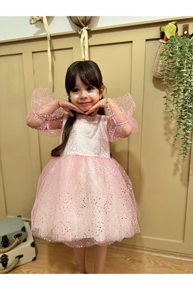 Детское платье для девочек с принтом Star Printed Sparkly Pink Tulle Dress Buckle Set Generic Brands, Pink — фото 2
