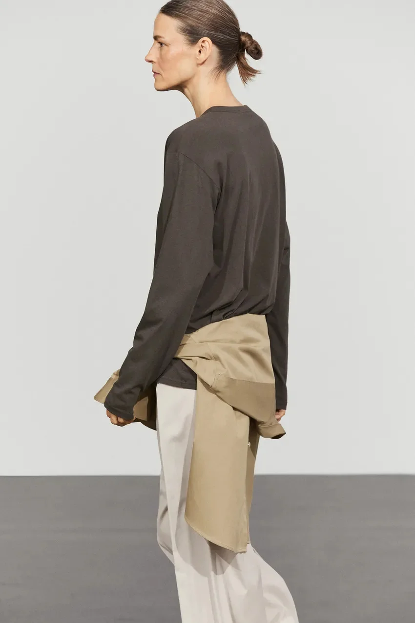 Лонгслив Massimo Dutti 100 % Cotton Baker, серо-коричневый — фото 4