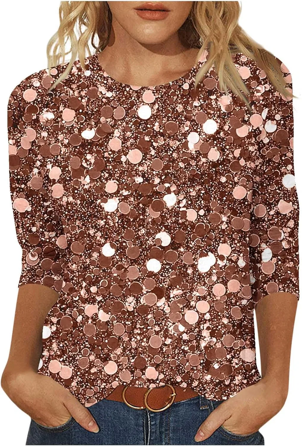 Женская блестящая футболка с пайетками 3/4 рукав, Rose Gold