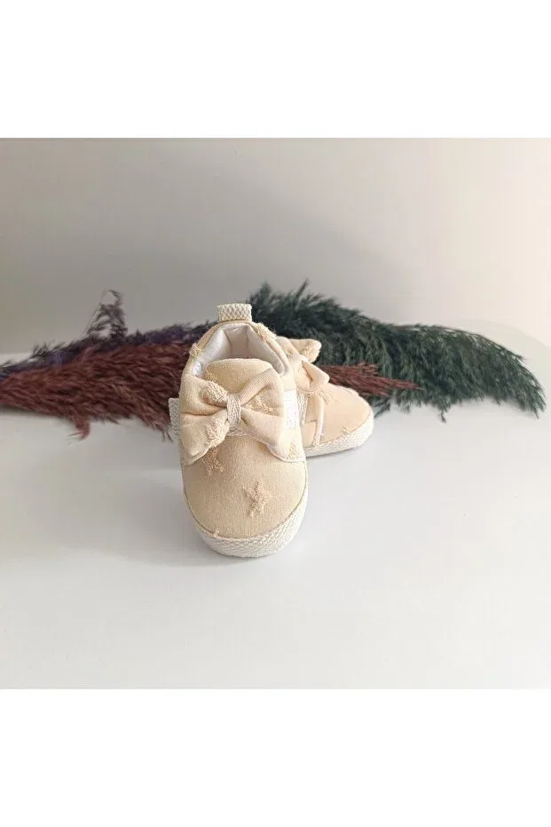 Детские пинетки для девочек с принтом 5204 Flower & Star Pattern Bow Detailed Baby Girl First Step Booties Shoes Size 18-19 Leoncino, Beige — фото 3