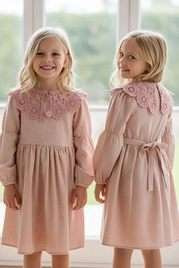 Детское платье для девочек с длинным рукавом Lace collared lined dress Balgüneş Tekstil, Pink