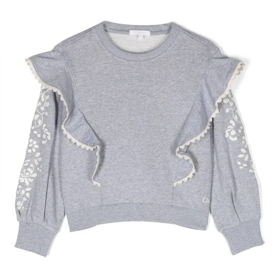 Детский свитшот с цветочной вышивкой и рюшами Chloé, Grey Marl Medium