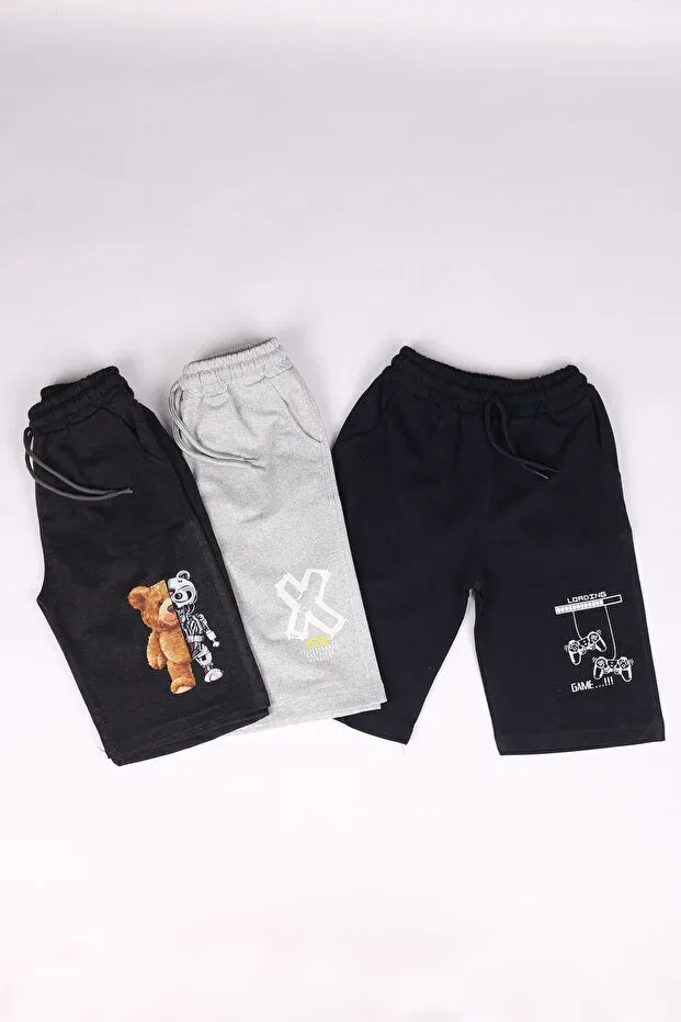 Детские шорты для мальчиков с принтом 3-предметный комплект Cosba Kids Wear, Smoked-Grey-Black