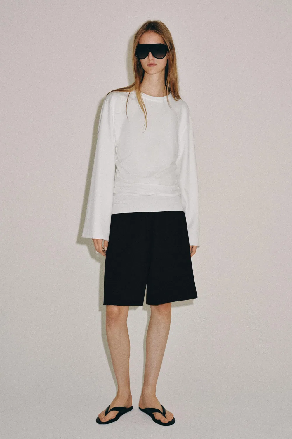 Хлопковая футболка с длинным рукавом ZARA, White