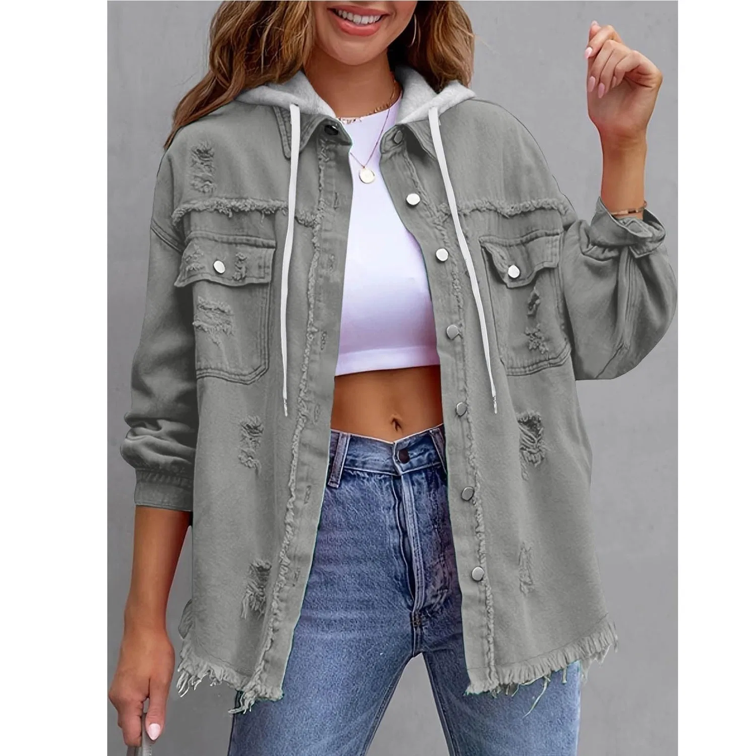 Женская джинсовая куртка с капюшоном с принтом, Light gray — фото 2