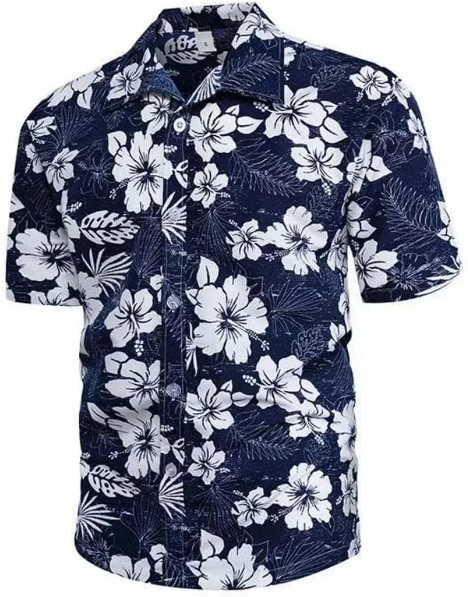 Мужская гавайская рубашка с коротким рукавом, с принтом, D-Blue and White Flowers