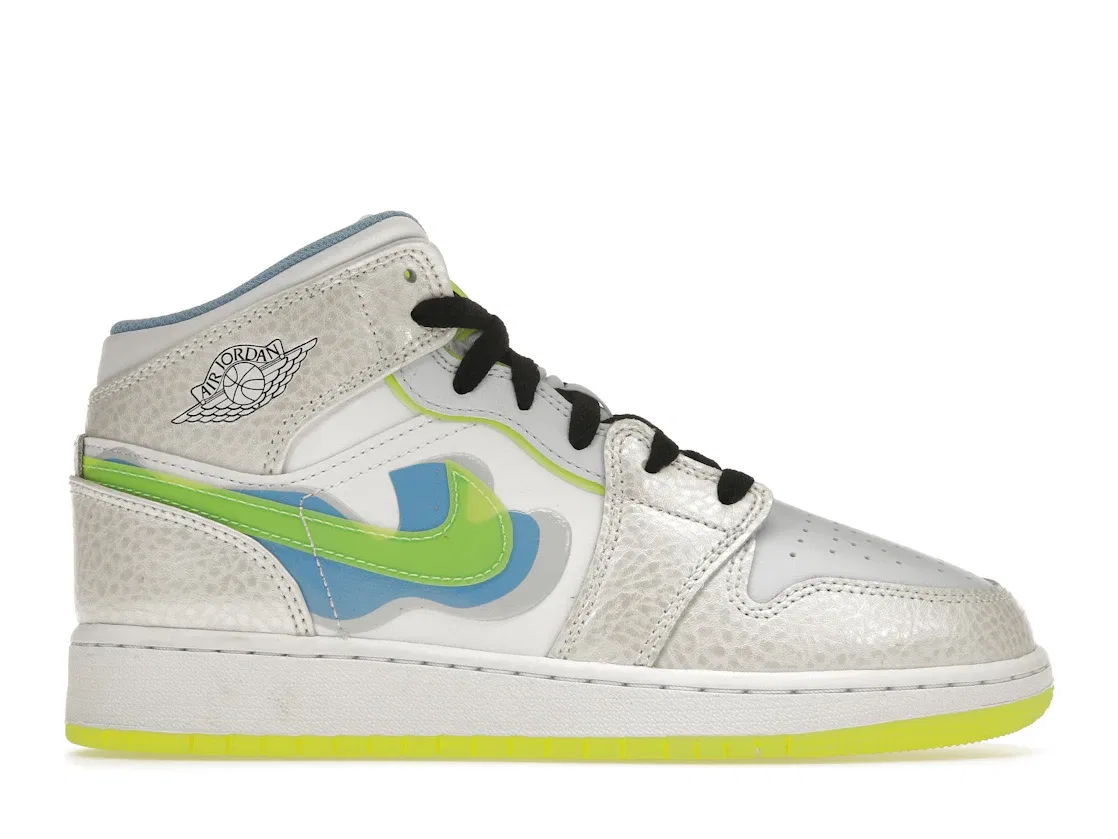 Детские кроссовки с принтом Jordan 1 Mid SE Warped Swoosh Jordan, Platinum Tint/Blue Tint/University Blue/Volt
