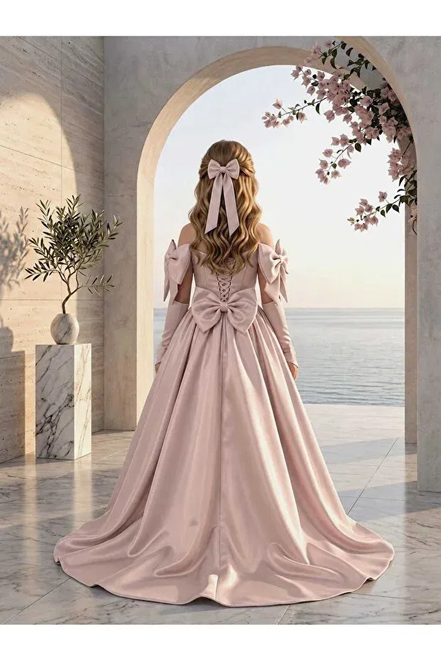 Детское платье для девочек атласное с принтом Prom Uzun Butik Kids, Pink — фото 2