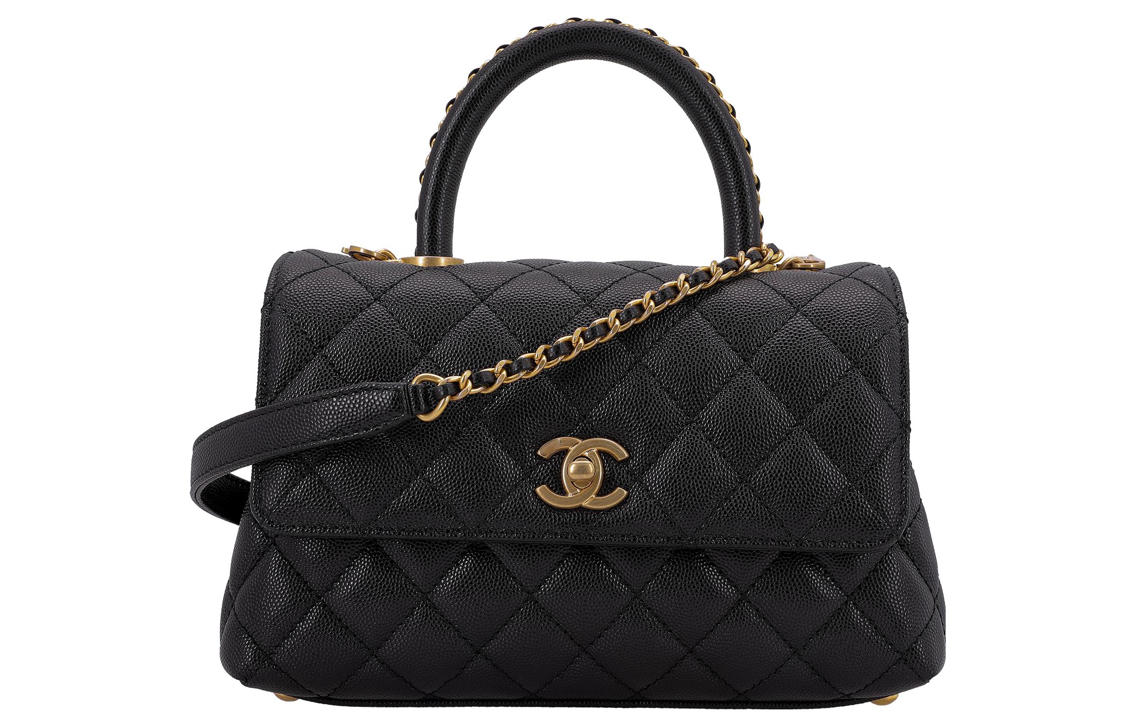 

Chanel Женская сумка-мессенджер Coco Handle Grain Litchi Grain из натуральной кожи с ручкой в форме кокоса, сумка через плечо, сумка-кроссбоди, маленькая, черная