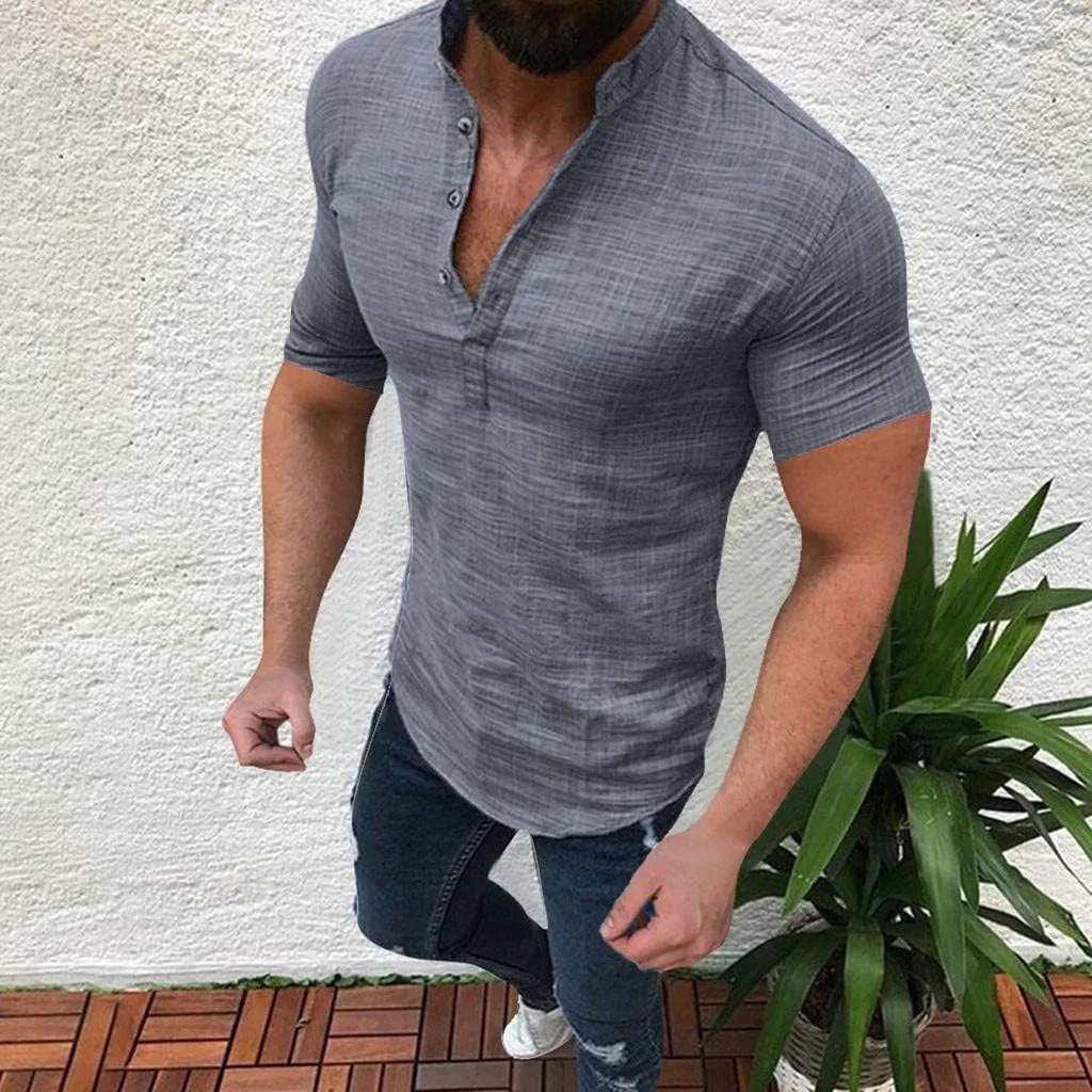 Мужская футболка с V-образным вырезом, льняная, Hippie Casual, Grey — фото 2