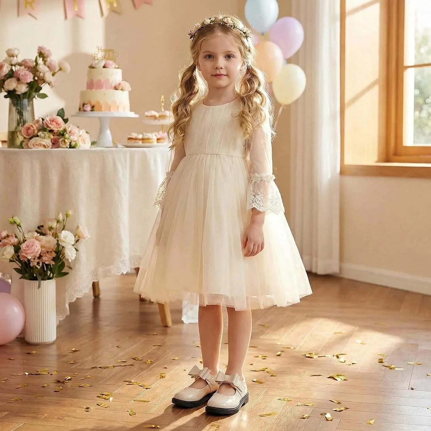 Детские туфли Мэри Джейн для девочек с принтом Princess Ballet Flats JGKDTX, Apricot — фото 3