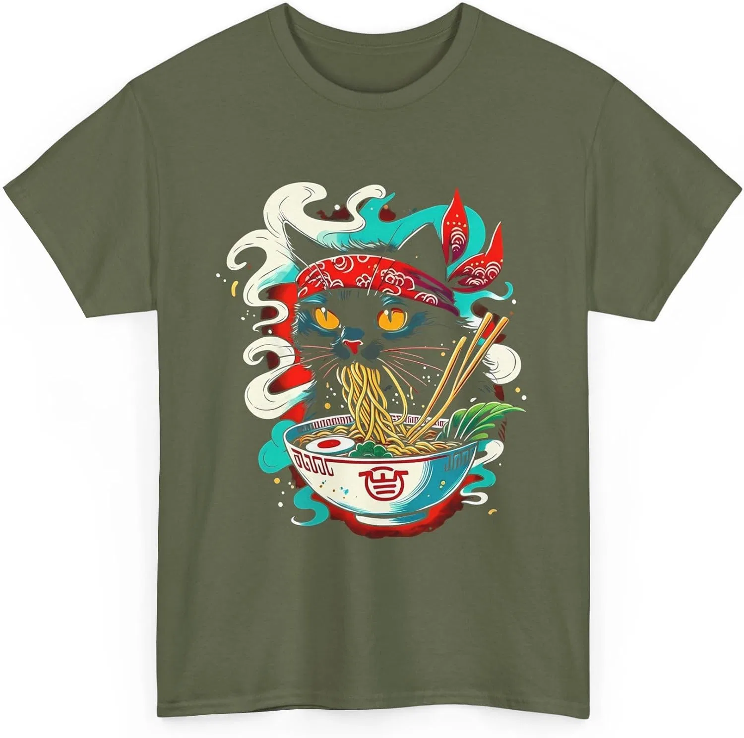 Женская футболка с принтом Ramen Cat, хаки