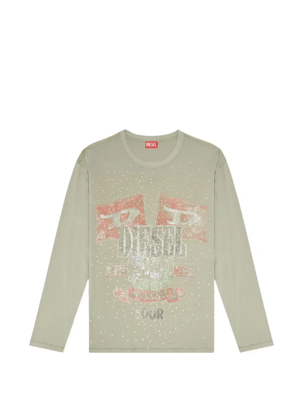 Футболка с длинным рукавом, украшенная стразами и эффектом потертости DIESEL, зеленый