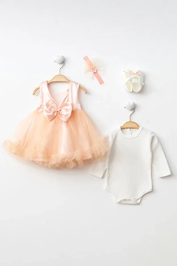 Детское платье для девочек тюлевое с принтом Ponpon baby girl newborn tulle floral mevlüt dress special occasion outfit 4 pieces Harry&Millie, Powder — фото 4