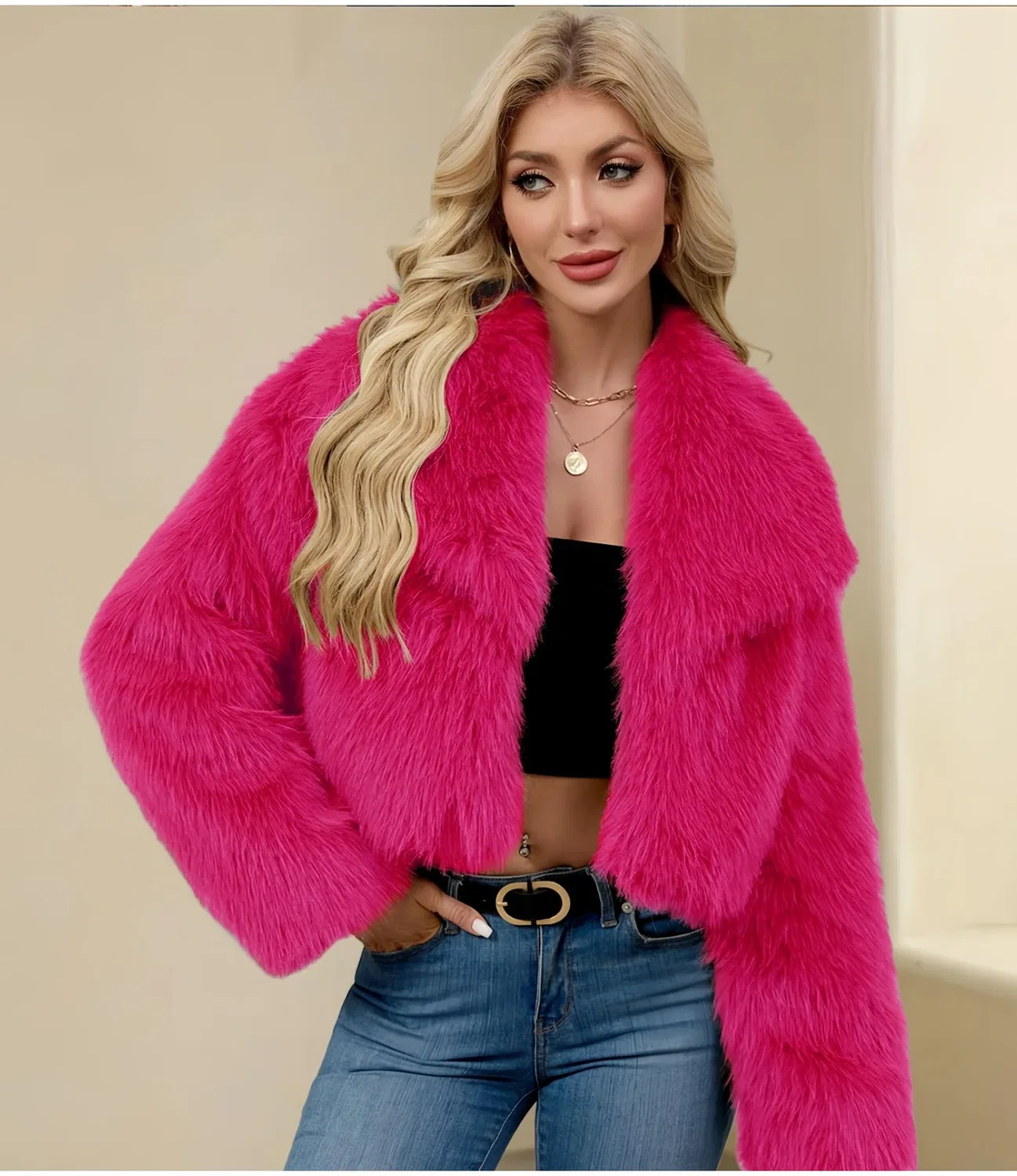 Женское пальто из искусственного меха с коротким воротником, Rosso rosato — фото 4