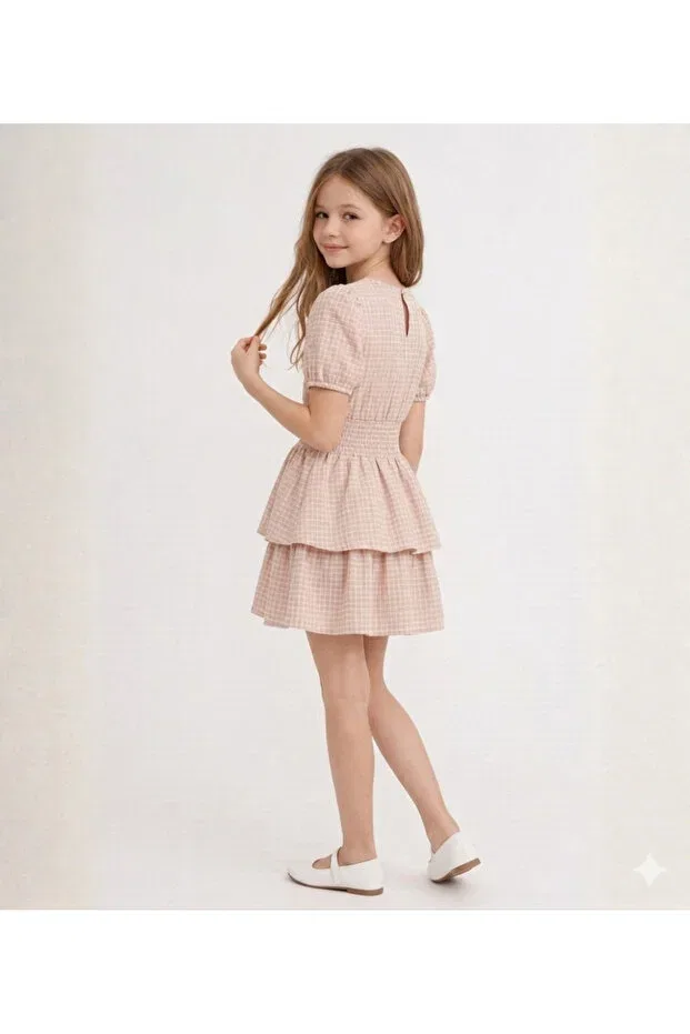 Детское платье для девочек из хлопка с коротким рукавом-фонарик Meşe Moda, Pink — фото 2