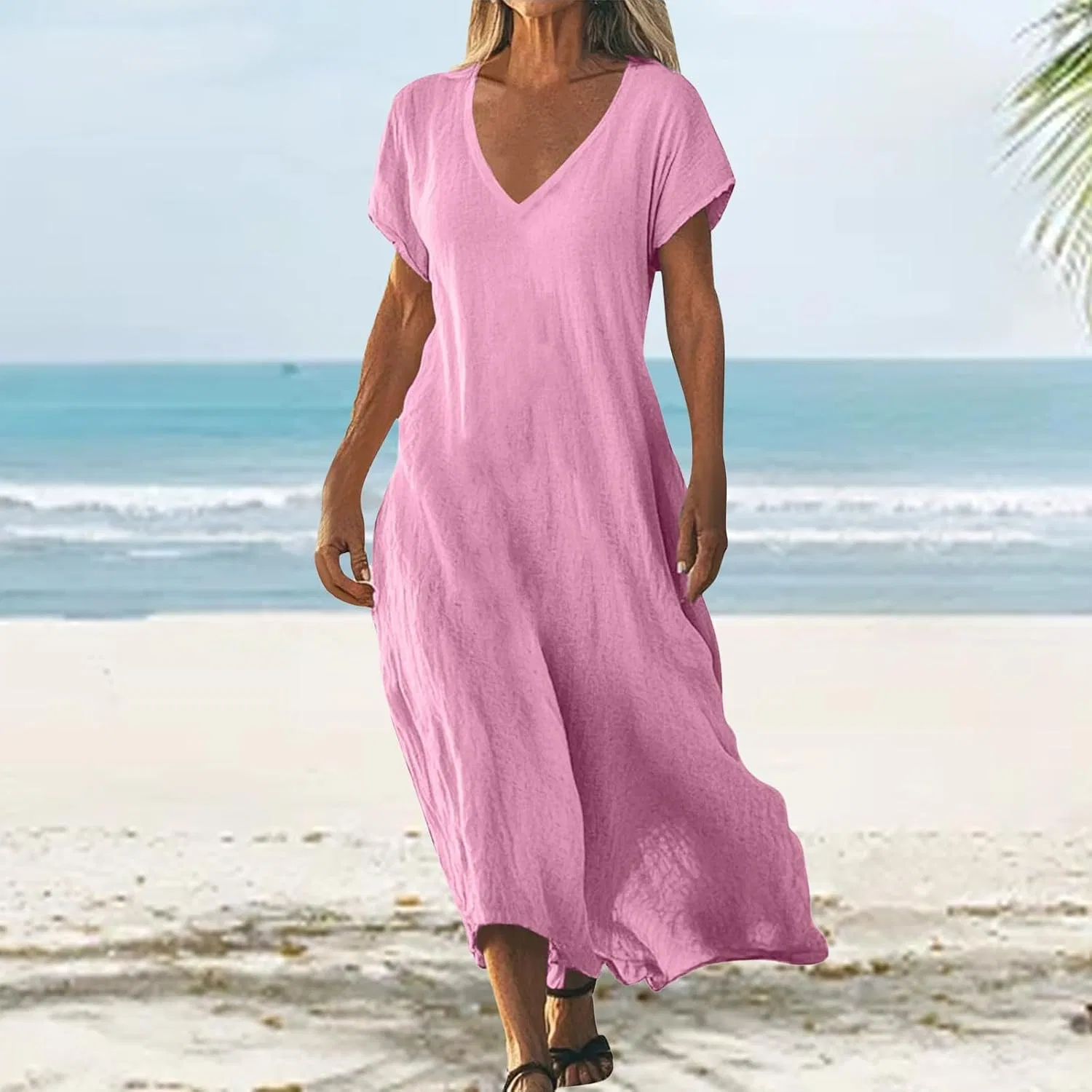 Женское летнее платье свободного кроя V-образным вырезом, Pink — фото 2