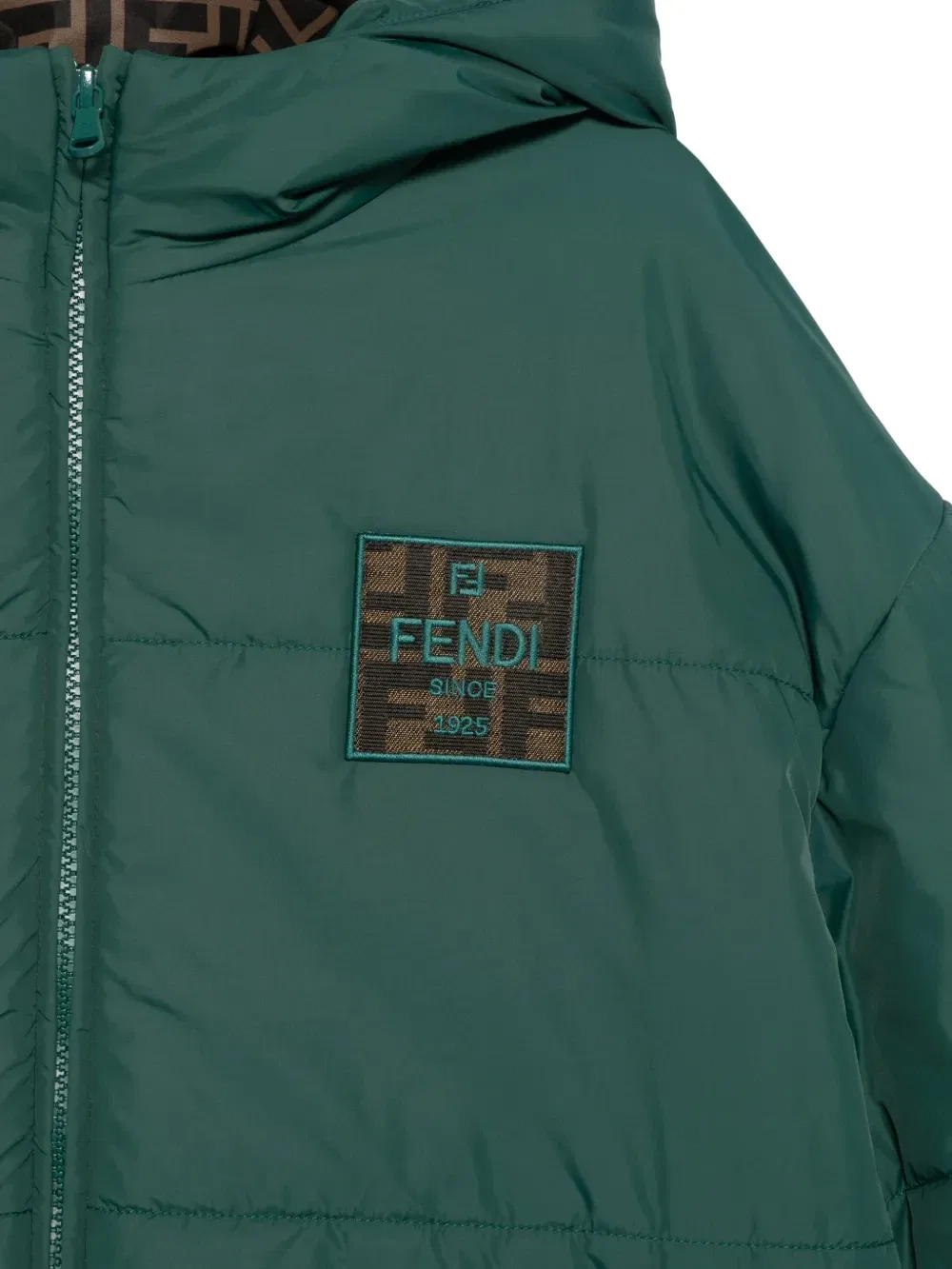 Пуховик с капюшоном и нашивкой-логотипом FF FENDI KIDS, зеленый — фото 3