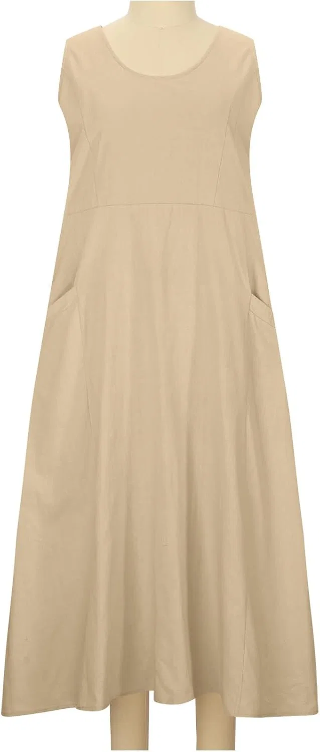 Женское свободное макси-платье из хлопка и льна, Khaki — фото 3