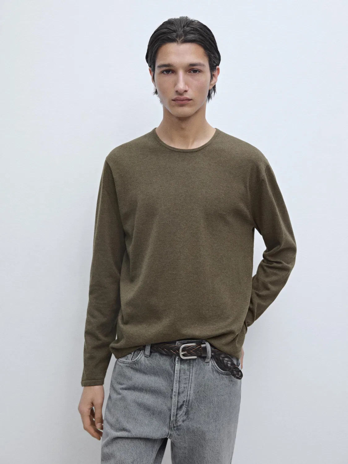 Вязаный свитер с круглым вырезом из 100% хлопка Massimo Dutti, зеленый — фото 2