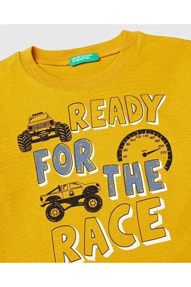 Детская футболка для мальчиков с принтом Benetton baby boy tractor print long sleeve t-shirt 1-6 years mustard United Colors Of Benetton, Hardal — фото 3