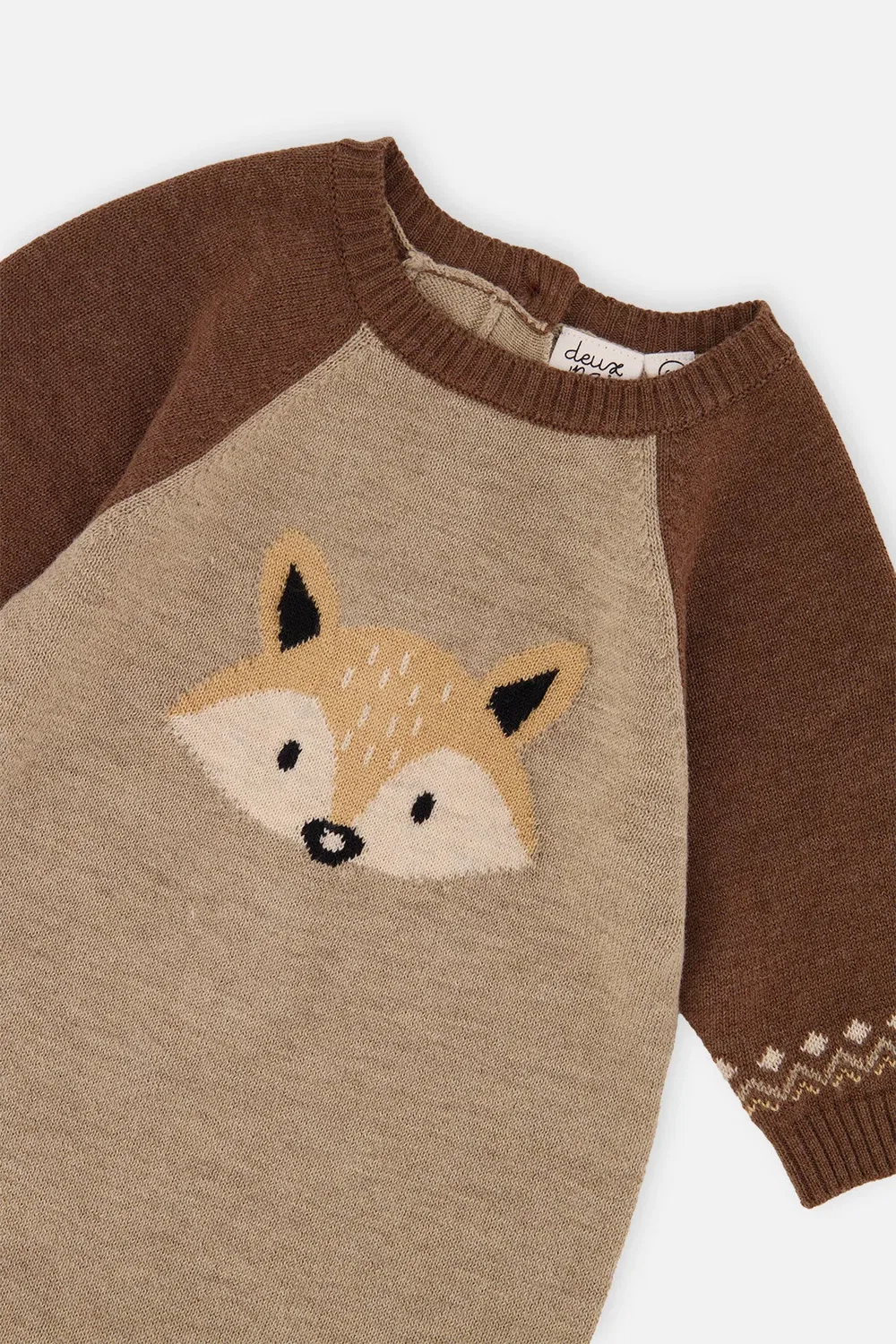 Детский вязаный боди-комбинезон с принтом лисы Knitted Intarsia Romper Deux par Deux, Brown Cinnamon — фото 4