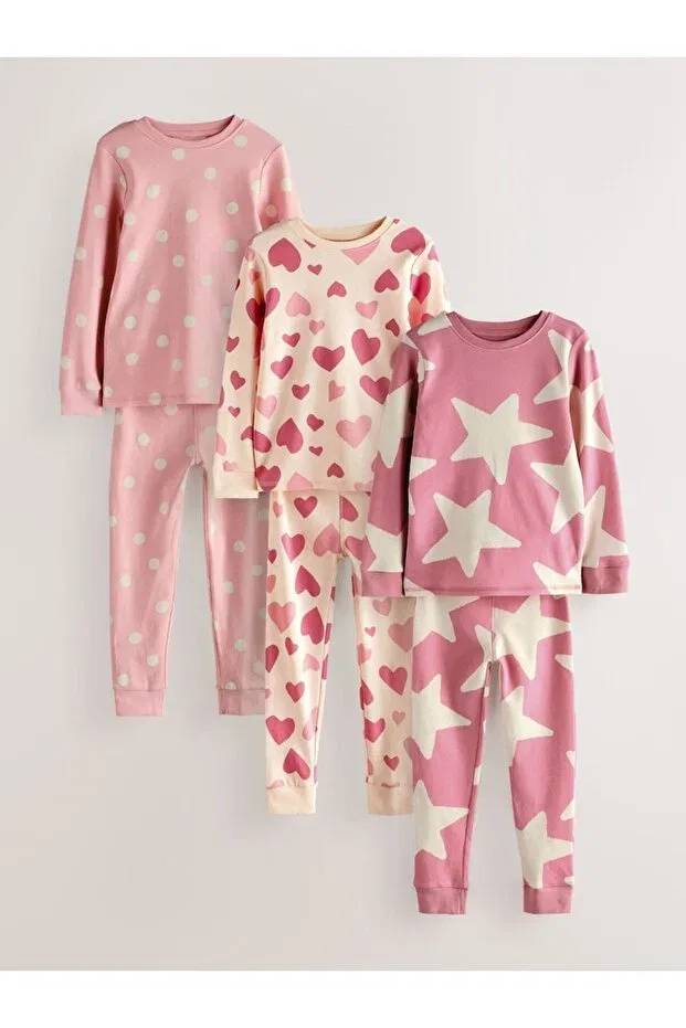 Детский комплект пижам с принтом Cotton pink heart patterned pajamas 3-piece bottom top set Next Baby, Multicolor