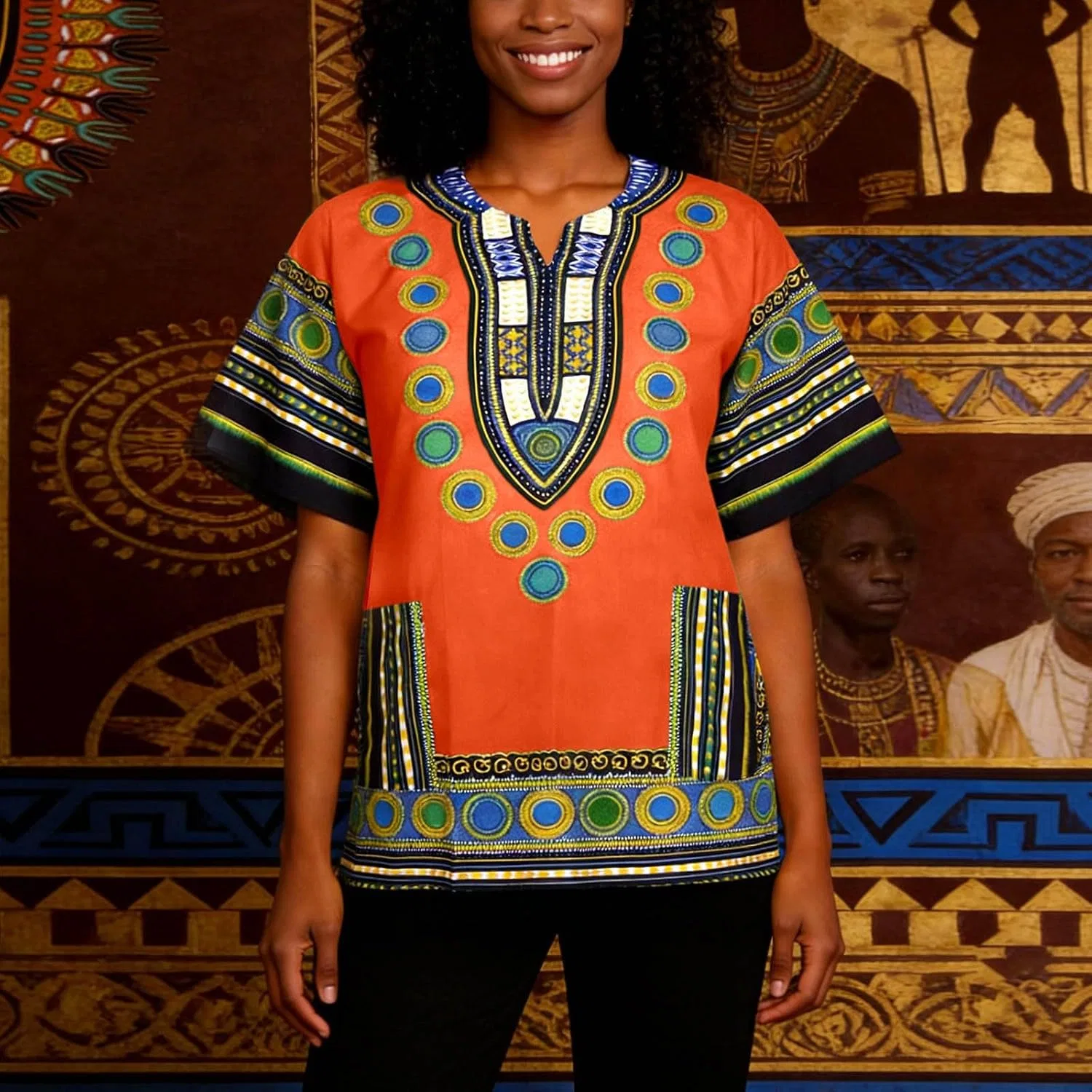 Мужская футболка с принтом Dashiki V-образным вырезом, Orange — фото 3