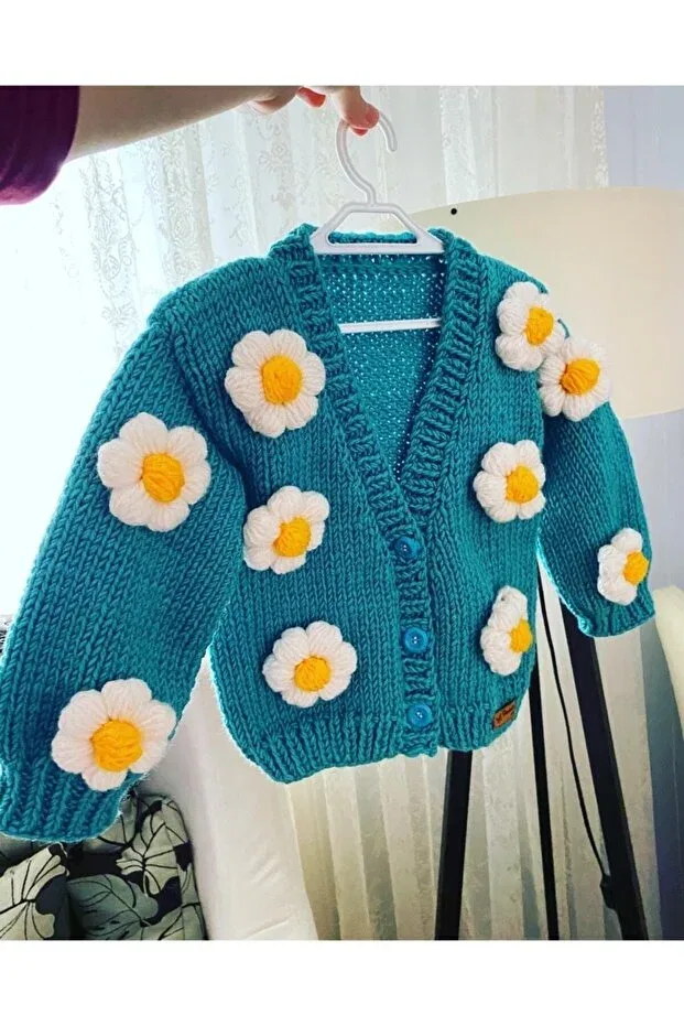 Детский кардиган для девочек с цветочным принтом Flower detailed hand knitted Nevalin, Turquoise — фото 2