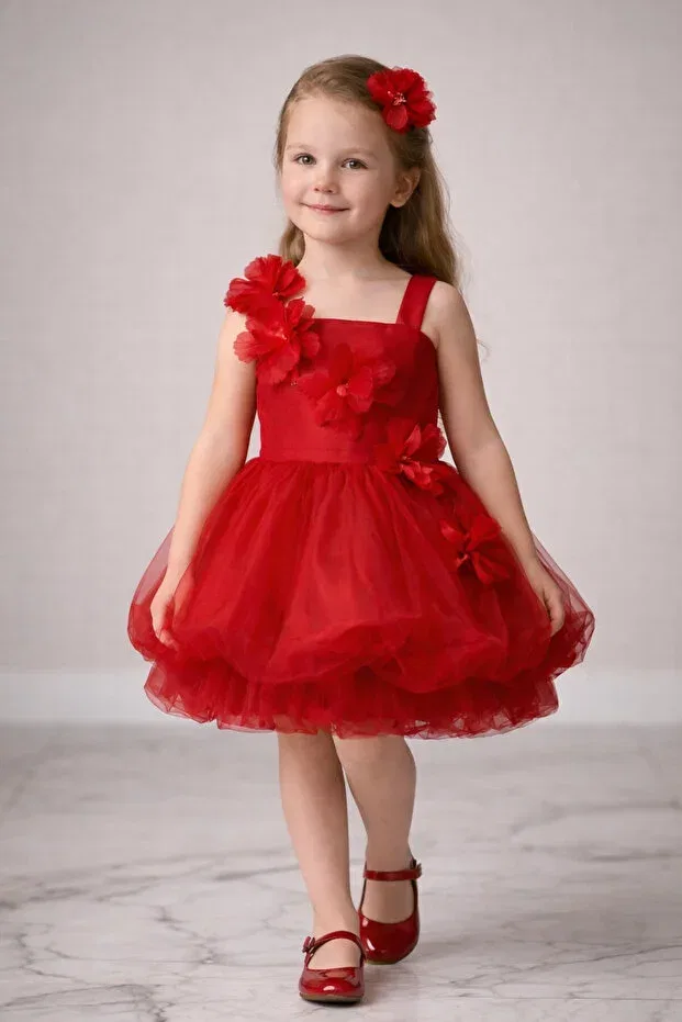 Детское платье для девочек с принтом Floral Tulle Balloon Dress Modabesta, Red