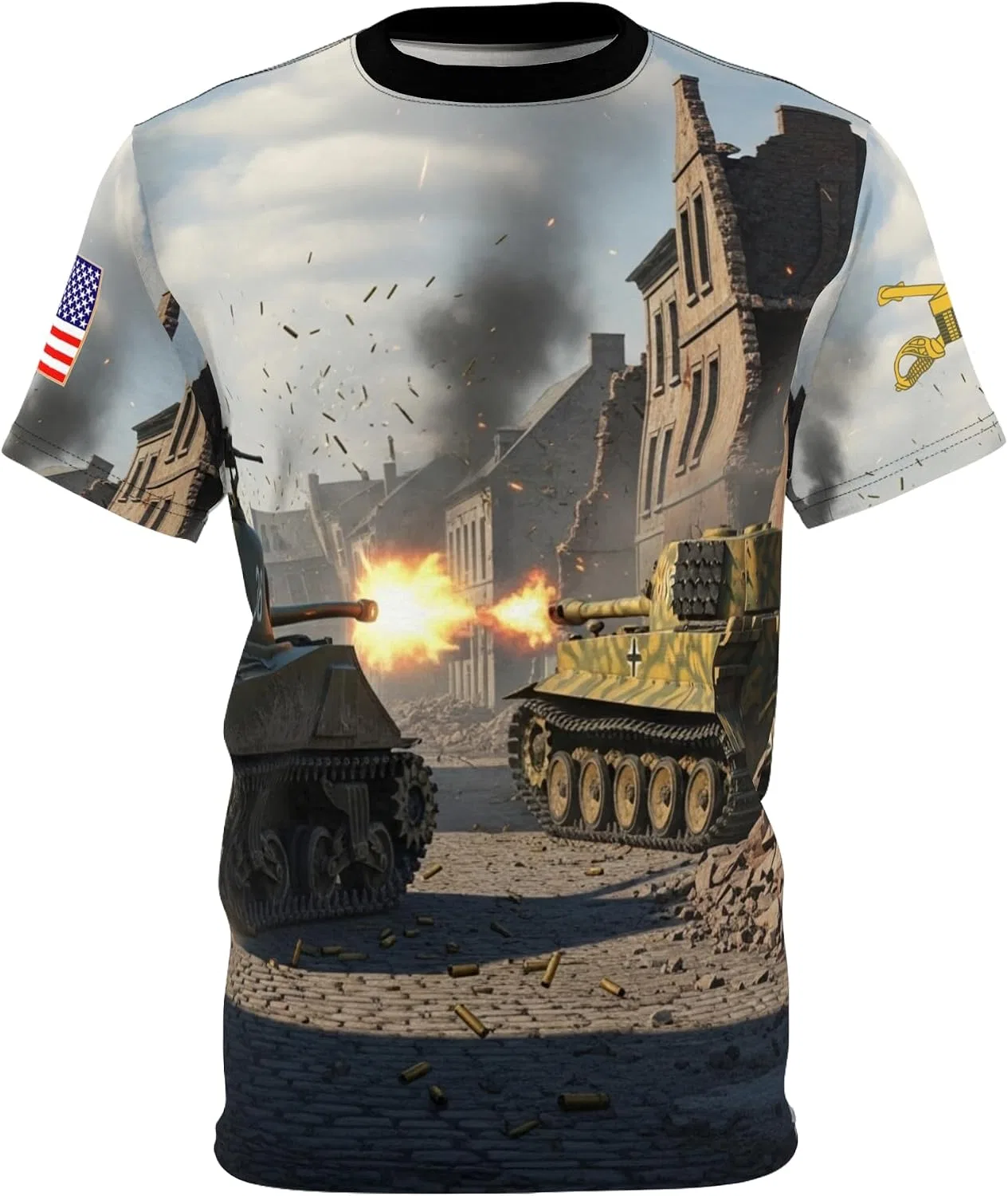 Унисекс футболка с принтом Sherman Tank Battle, Black Stitching
