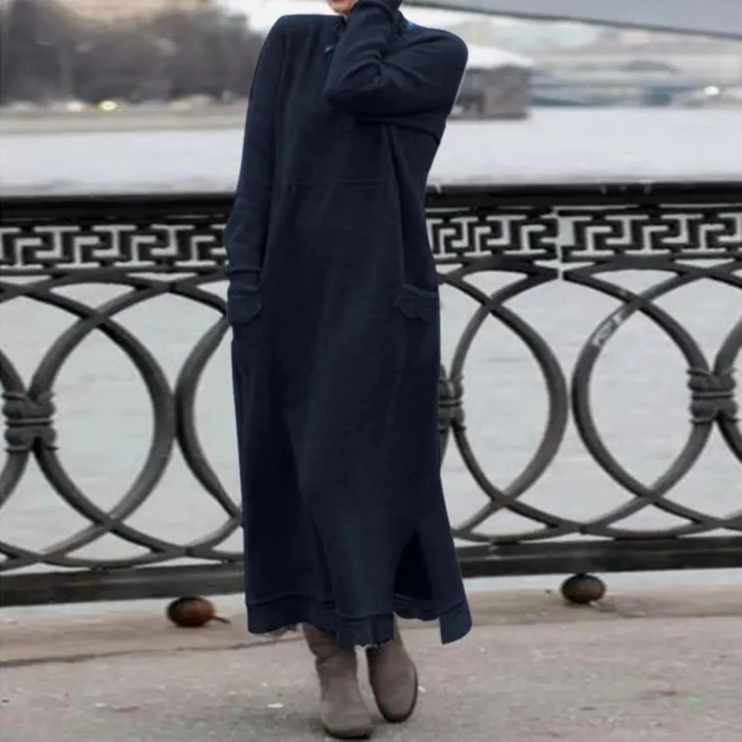 Женское свободное платье с кружевной отделкой и разрезом, Dark Blue — фото 2