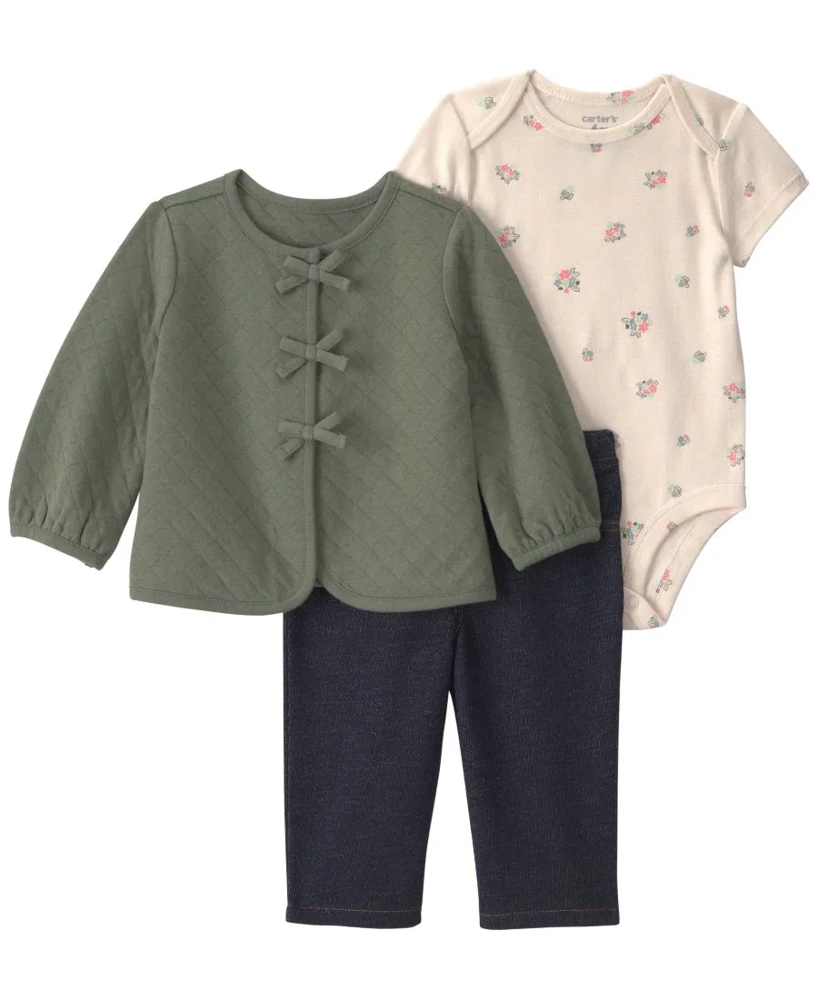 Комплект из 3 предметов для девочек: кардиган, боди и брюки, Quilted French Terry Carter's, Olive Green/Cream