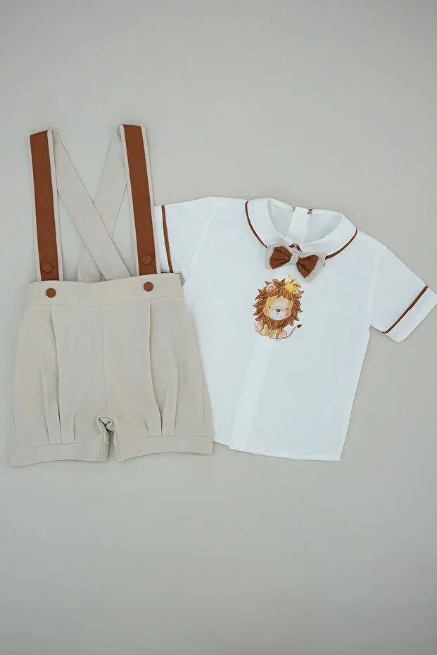 Детский комбинезон для мальчиков с принтом Baby lion printed shorts salopette suit Annerüyası, Beige — фото 2